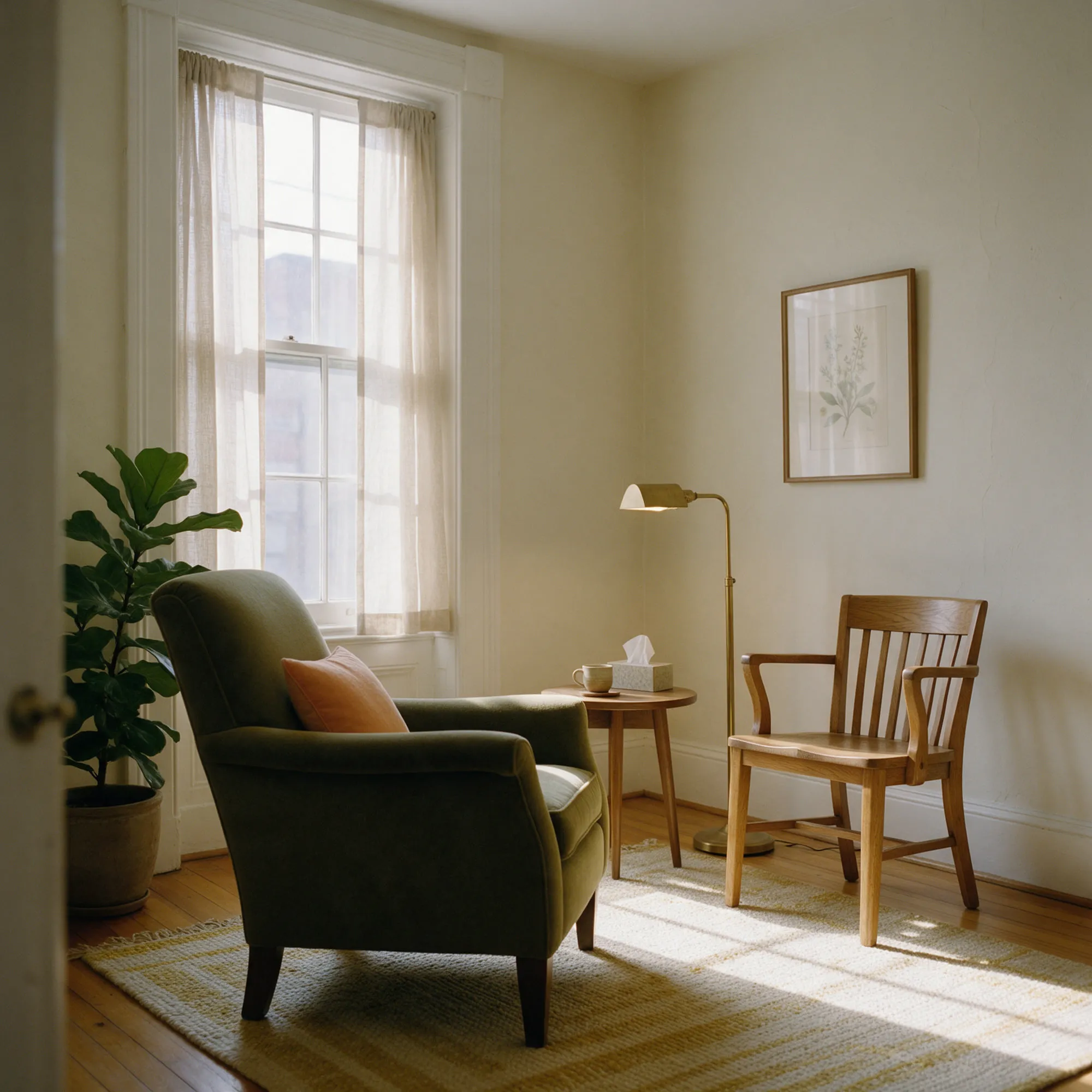 A sunlit consulting room with a deep green armchair, a wooden chair and a small side table beside a tall window